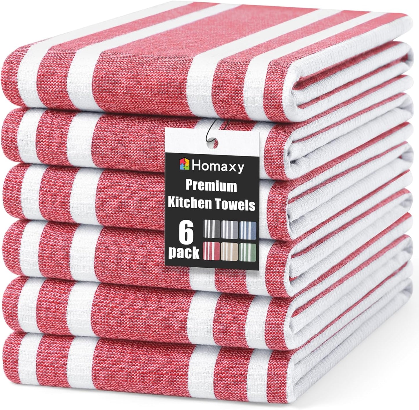 Homaxy Premium Kitchen Towels 18”x 28”, Large Cotton 380 GSM Kitchen Hand Towels, Stripe and Terry Dish Towel, Highly Absorbent Tea Towel Set with Hanging Loop, 6 Pack, Red
