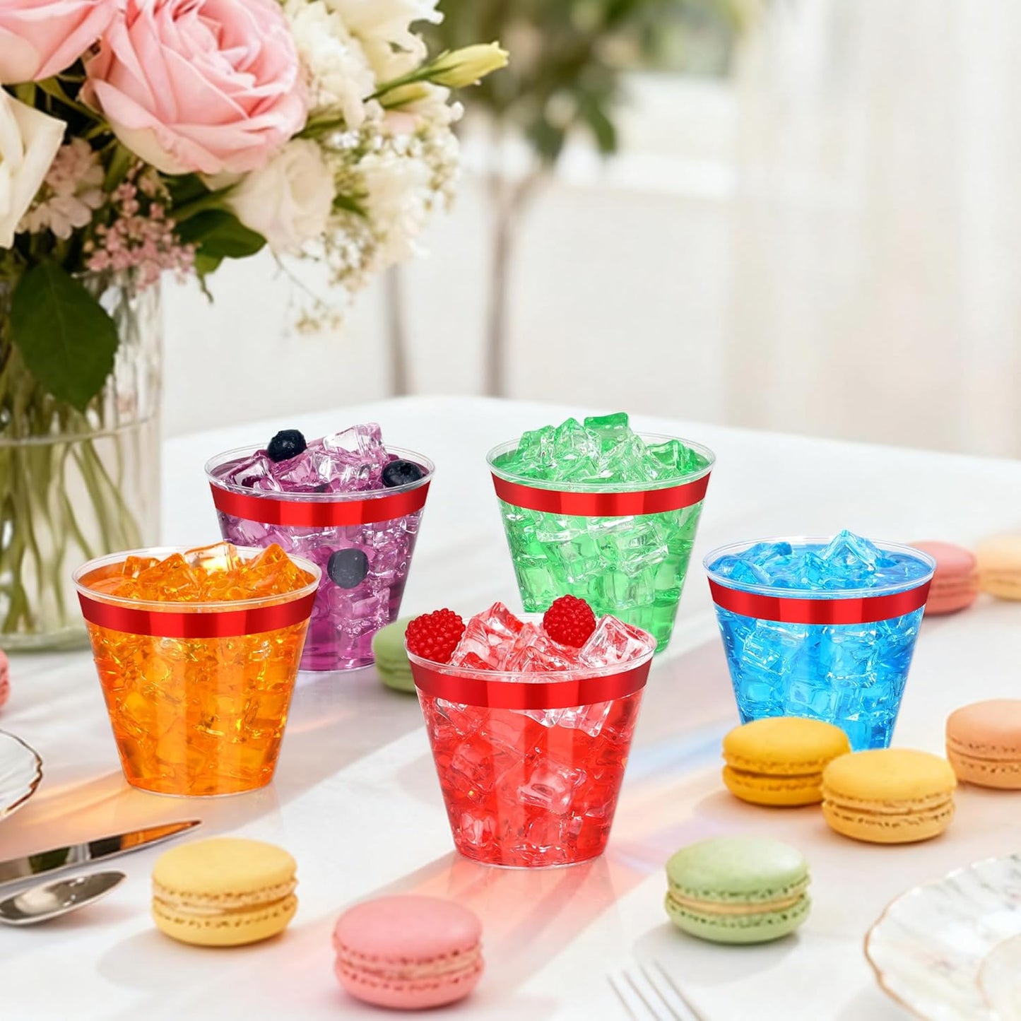 120 Pcs Red Plastic Cups,9Oz Red Rimmed Plastic Cups,Heavy Duty Clear Disposable Plasitc Cocktail Tumblers Wine Cup for Party,Wedding,Birthday,Christmas