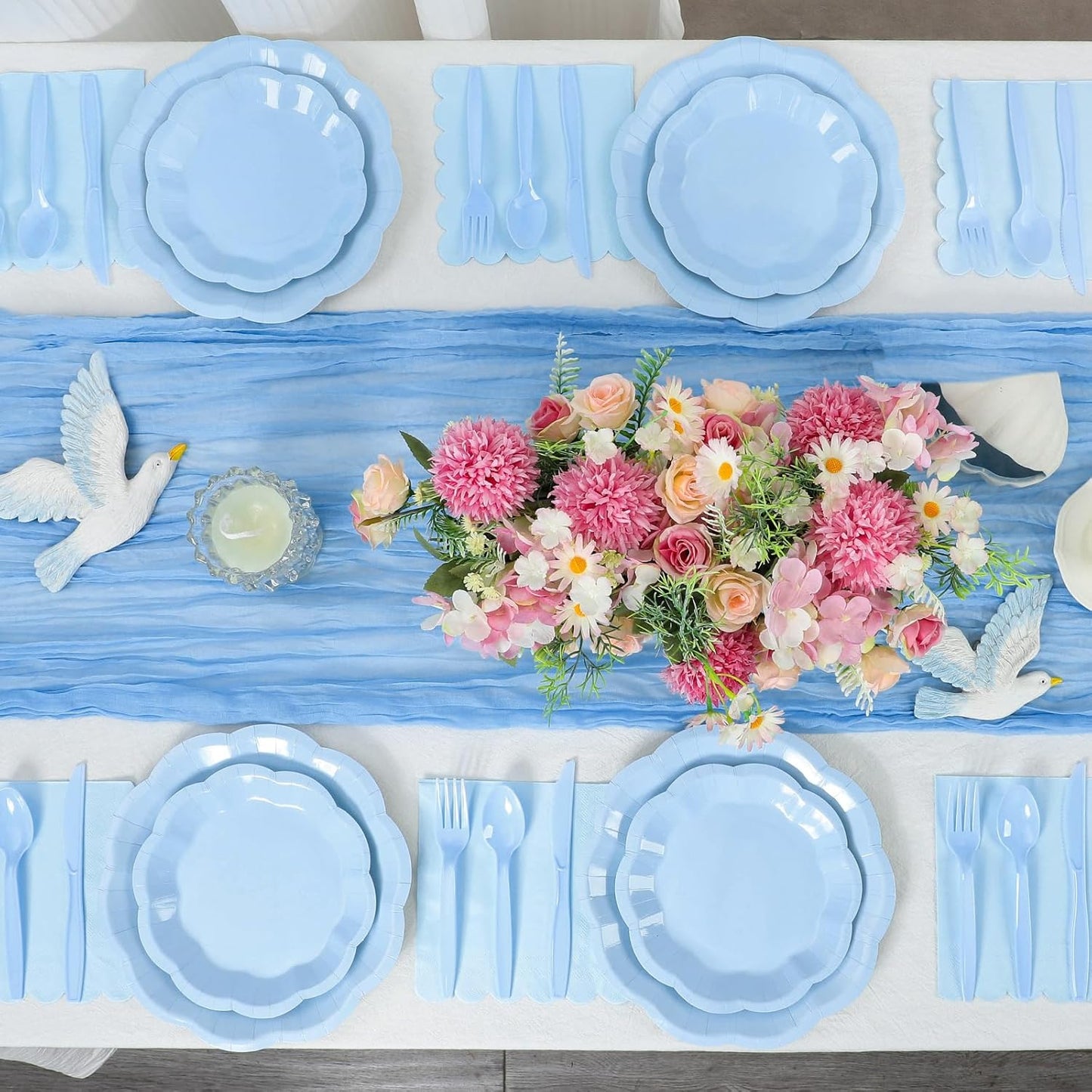 175 Pcs Light Blue Plates and Napkins Set, 25 Guest Blue Supplies Include Scalloped Plate Napkin Cup Forks Knives Disposable Plastic Cutlery for Wedding Baby Shower Birthday Banquet