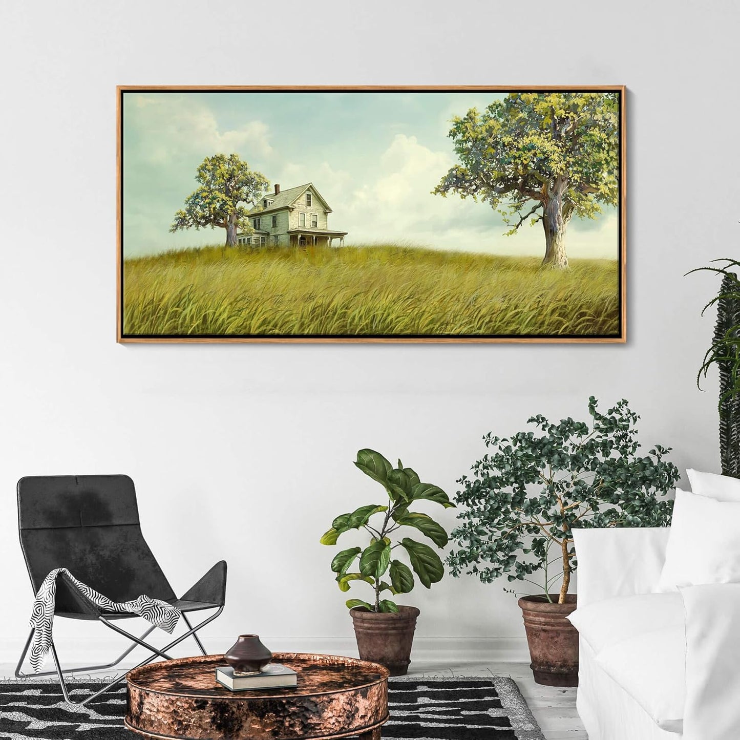 YCPRIMER Large Canvas Wall Art - Village Landscape Decor Retro Farmhouse Picture Yellow Tree Painting Artwork for Dinning Room,Living Room,Kitchen Framed Decoration Size 29×58Inch