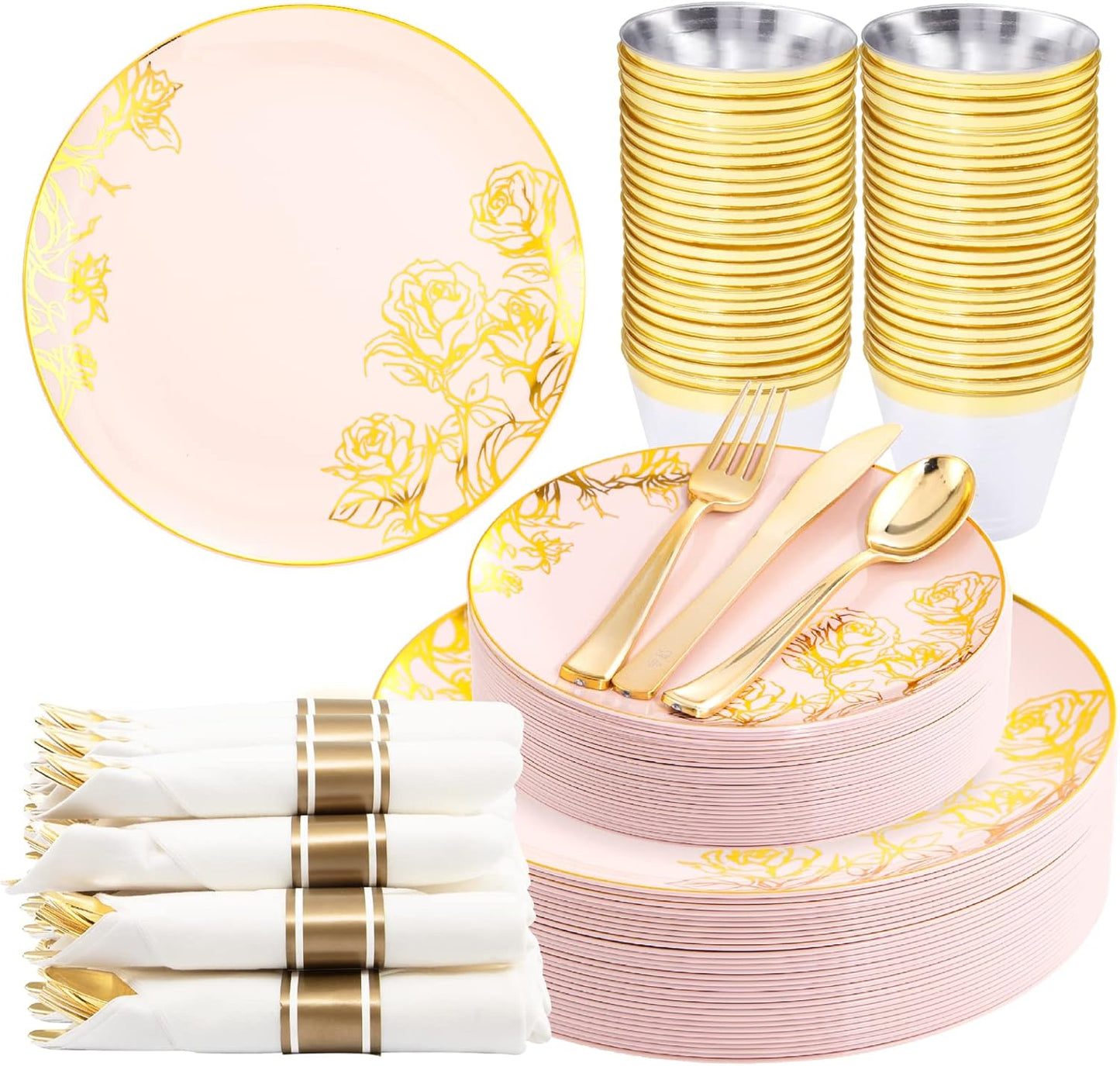 DaYammi 210Pcs Pink Gold Plastic Plates Floral Plates,Thanksgiving Disposable Dinnerware Set Includes 60 gold Pink plates,30 gold Plastic Silverware,30 Per Rolled Napkins,30 plastic Cups for Party