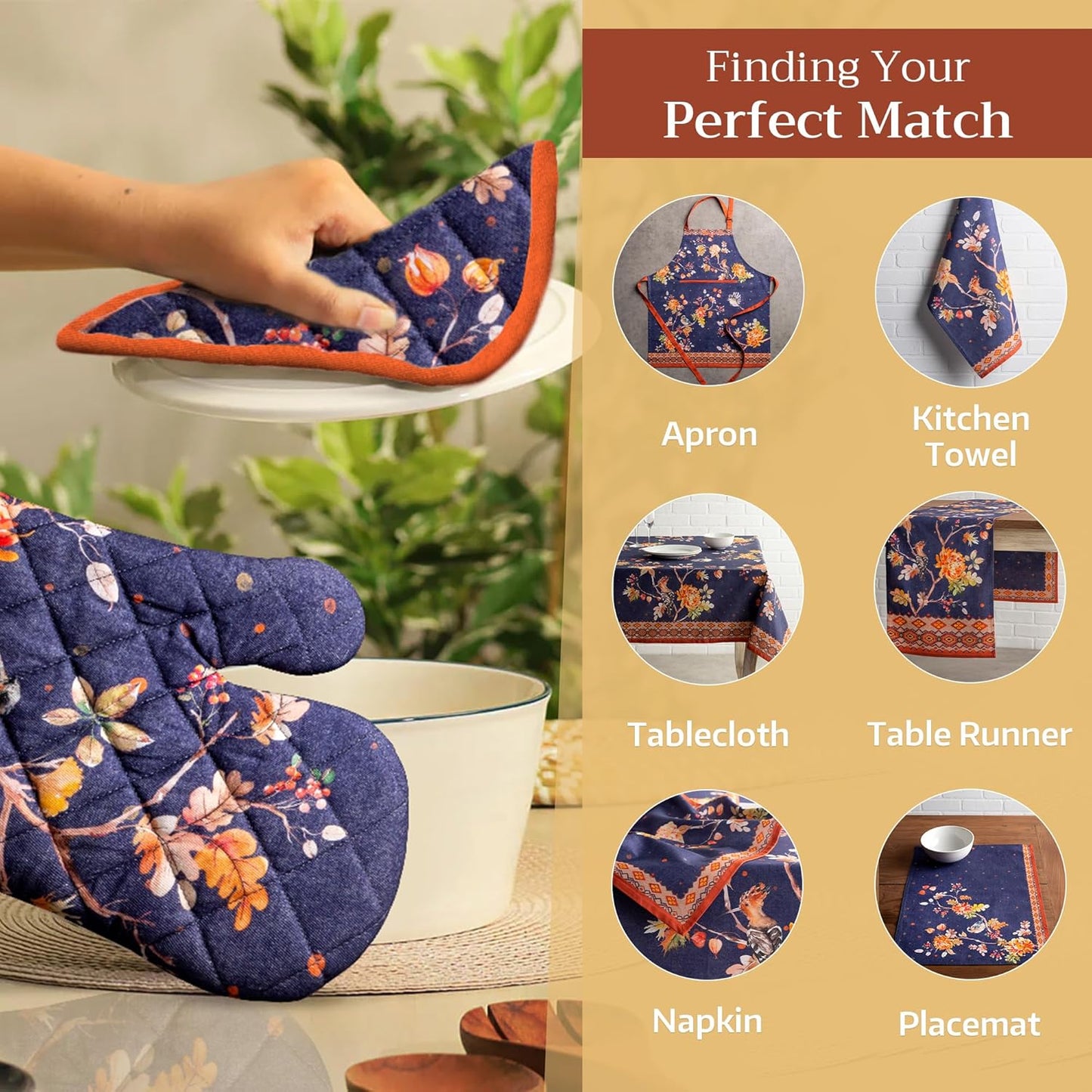 Maison d' Hermine 100% Cotton Oven Mitt & Pot Holder Set (7.5"x13" & 8"x8") Heat Resistant BBQ Cooking Gloves with Loop for Thanksgiving Christmas Decorations Handling Hot Pans (Kelim - Infinity)