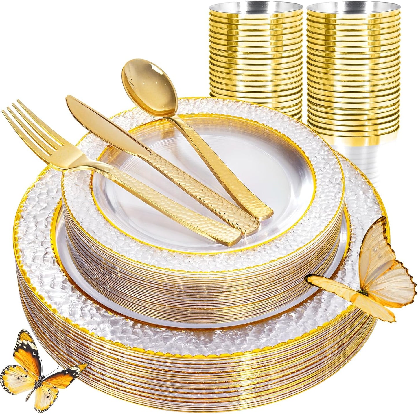Ciaell 150PCS Clear Gold Plastic Plates - Disposable Gold Rim Plates include 25Dinner Plate, 25Dessert Plate, 25Forks, 25Knives, 25Spoons, 25Cups for Wedding & Party & Thanksgiving