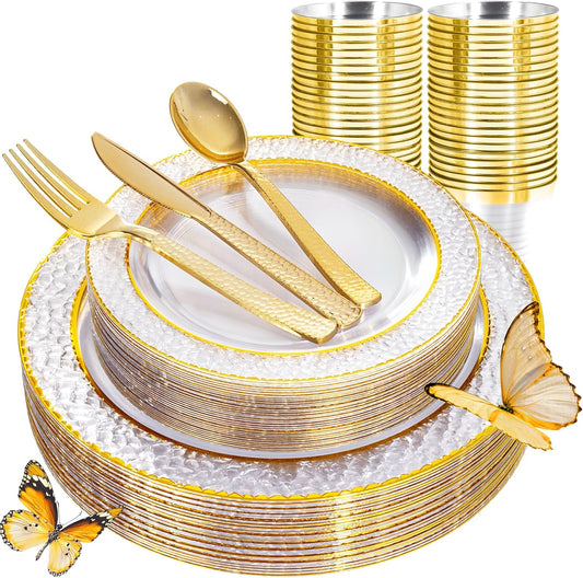 Ciaell 150PCS Clear Gold Plastic Plates - Disposable Gold Rim Plates include 25Dinner Plate, 25Dessert Plate, 25Forks, 25Knives, 25Spoons, 25Cups for Wedding & Party & Thanksgiving