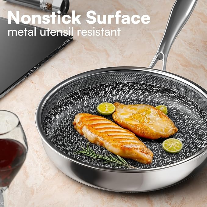 Non Stick Frying Pans with lid, 10 inch Hybrid Frying Pans Nonstick, non stick Stainless Steel Skillets, Dishwasher and Oven-Safe, nonStick Cookware, Induction Compatible Cooking Pan