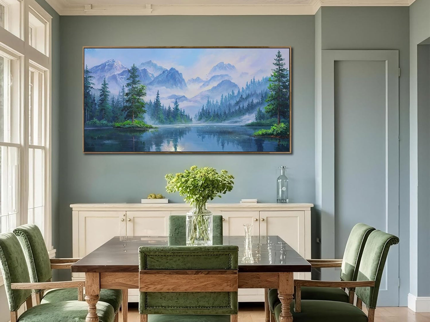 Ardemy Large Landscape Canvas Wall Art for Living Room Framed Lake Teal Pictures Bedroom Wall Decor Textured Misty Forest Scenery Paintings Artwork for Walls Home Office,40"x20"