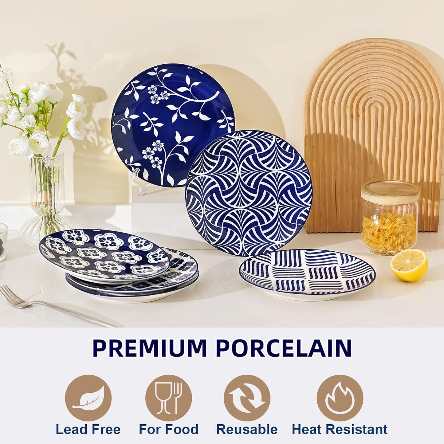 ZONEYILA Porcelain Dinner Plates, 10-Inch Ceramic Plates for Salad, Pancakes, Steak, Large Size Serving Plate for Parties, Restaurant - Dishwasher & Microwave Safe, Set of 6 (Vintage Blue)