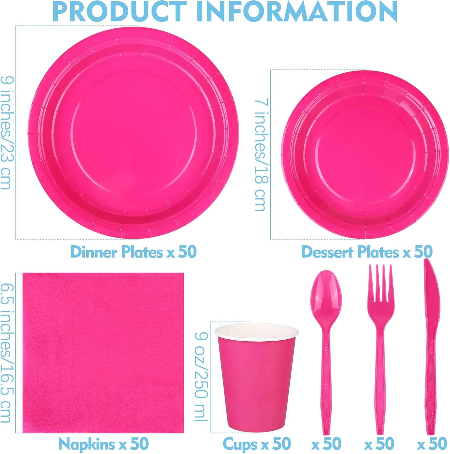 durony 350 Pieces Hot Pink Paper Dinnerware Set 7 Inch 9 Inch Disposable Dinner Plates Serve 50 Guests Paper Cup Cutlery Napkins Solid Color Party Supplies for Birthday Wedding Party Family Picnic