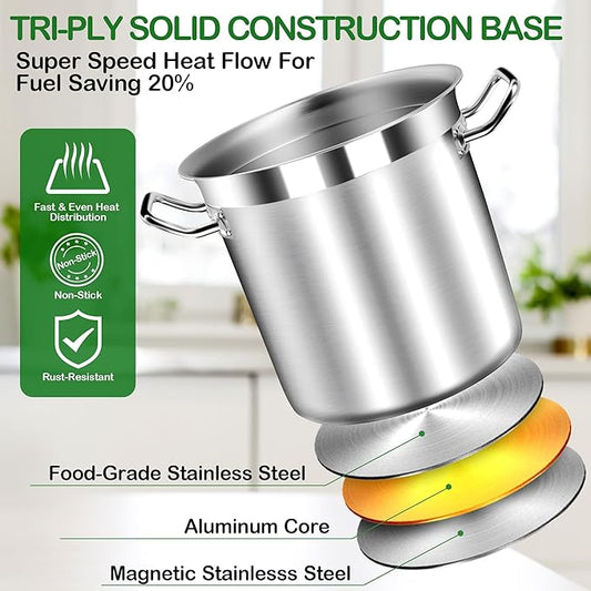 Stainless Steel Stock Pot with Lid – 24 Quart (6 Gallon) Heavy-Duty Cooking Pot for Soup, Stew, Pasta – Commercial & Home Use, Easy to Clean