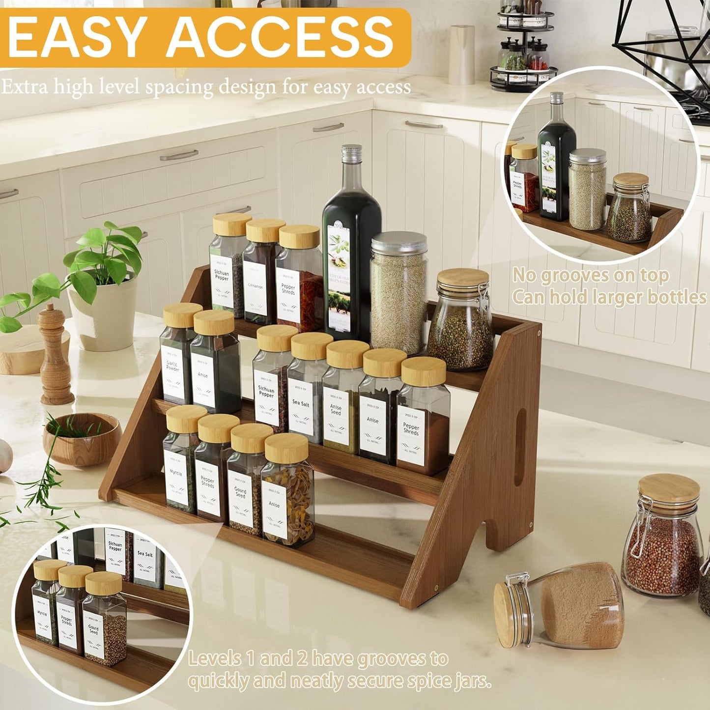 Bamboo Spice Rack Organizer -3-Tier Spice Rack for Countertop,Cabinet Spice Rack Organizer for 27 Spice Jars(4oz)，Step Shelf (Walnut)
