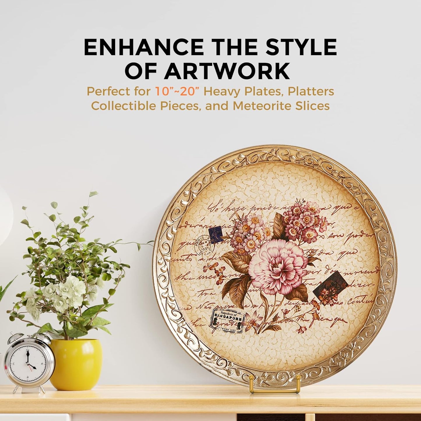 TR-LIFE 10 Inch Large Plate Stands/Holder for Display - Metal Picture Frame Holder Stand + Small Easels for Decorative Plate, Platter, Book, Plaques, Photo, Tabletop Art (Gold 2 Pack)