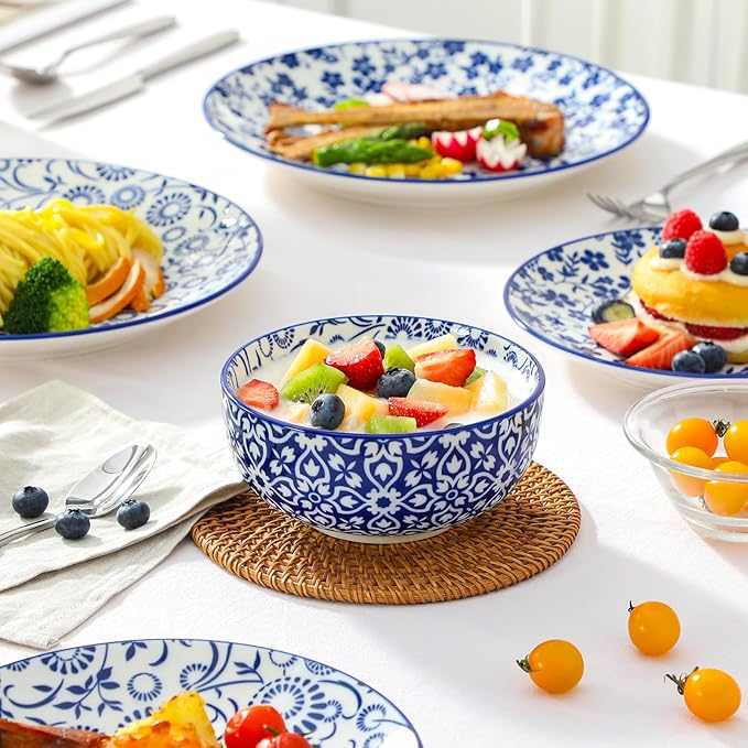 vancasso SELENE Plates and Bowls Set for 6, 18 Pieces Dinnerware Sets, Mircowave and Dishwasher Safe Dishes Set, Porcelain Blue Dinnerware