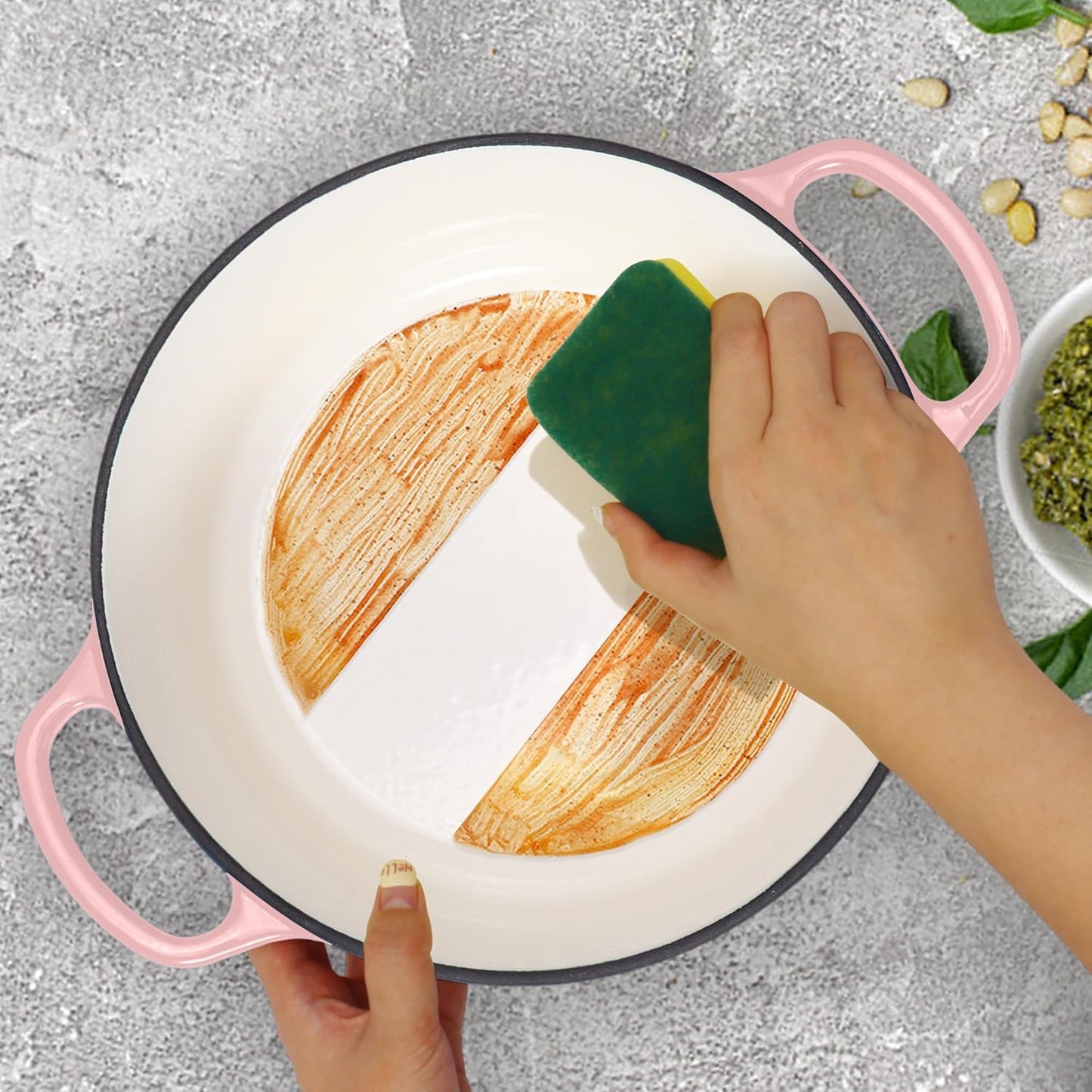 5QT Enameled Cast Iron Bread Oven with Proofing Basket for Bread Baking, Bread Making Supplies Tools,Heavy-Duty Cookware for Braising, Stews, Roasting, Bread Baking (Pink)