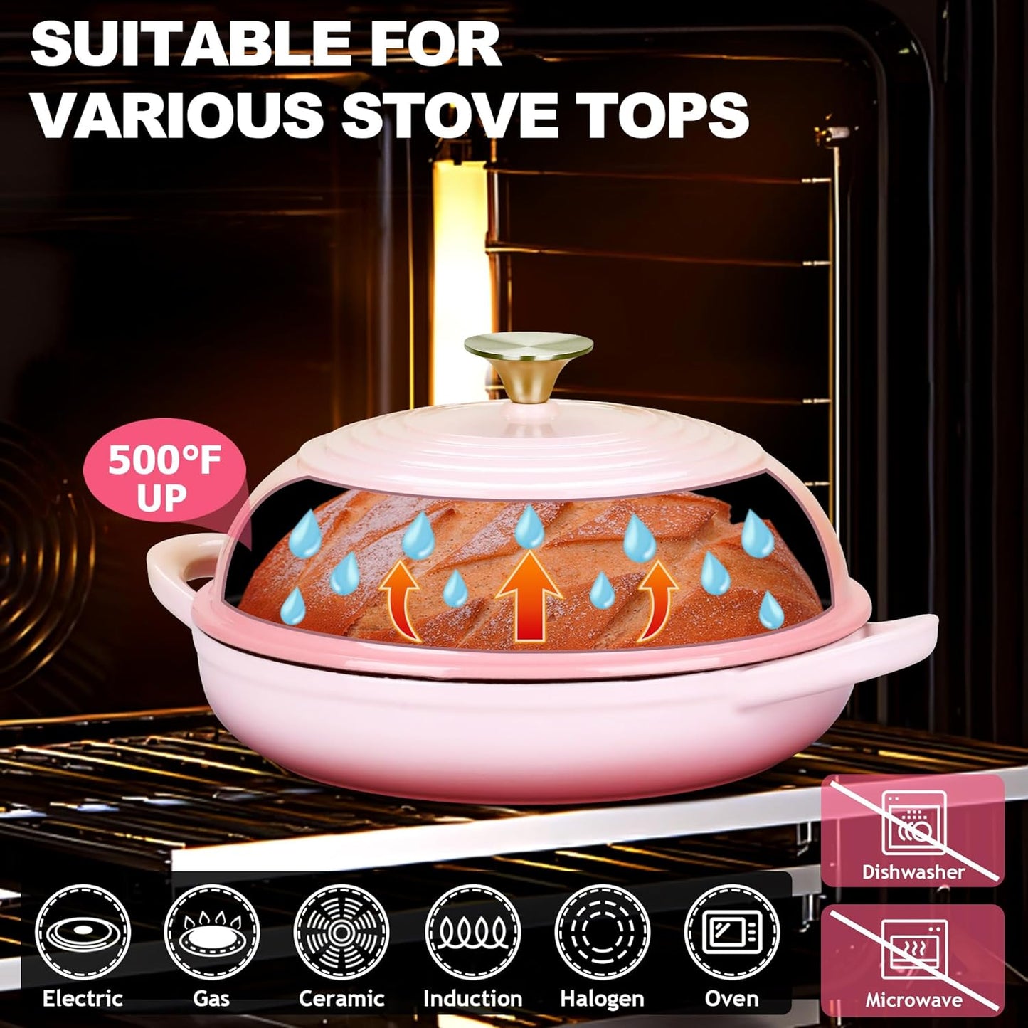 TeamFar Cast Iron Bread Dutch Oven, 6 Qt Enameled Dutch Oven Pot for Sourdough Bread Baking, with Tall Dome Lid & Round Base Pan, Self-Basting & Even-Heating, Heavy-Duty & Non-stick, Pink