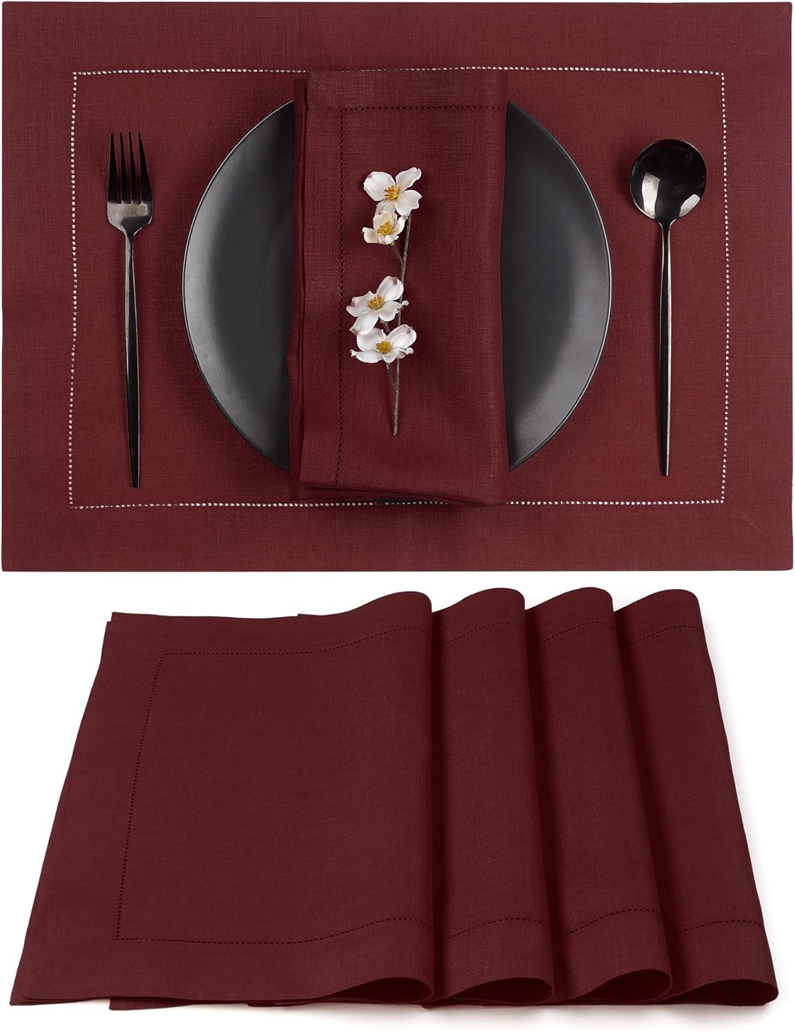 D'Moksha Homes Linen Placemats Set of 4 - Classic Hemstitch Dark Red Placemats 14 x 19 Inch - 100% Pure Linen Table Mats for Fall, Autumn and Halloween - Handcrafted and Machine Washable