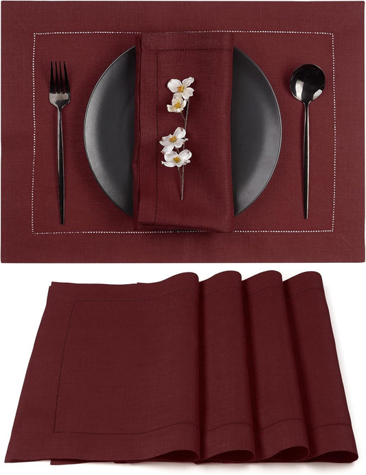 D'Moksha Homes Linen Placemats Set of 4 - Classic Hemstitch Dark Red Placemats 14 x 19 Inch - 100% Pure Linen Table Mats for Fall, Autumn and Halloween - Handcrafted and Machine Washable