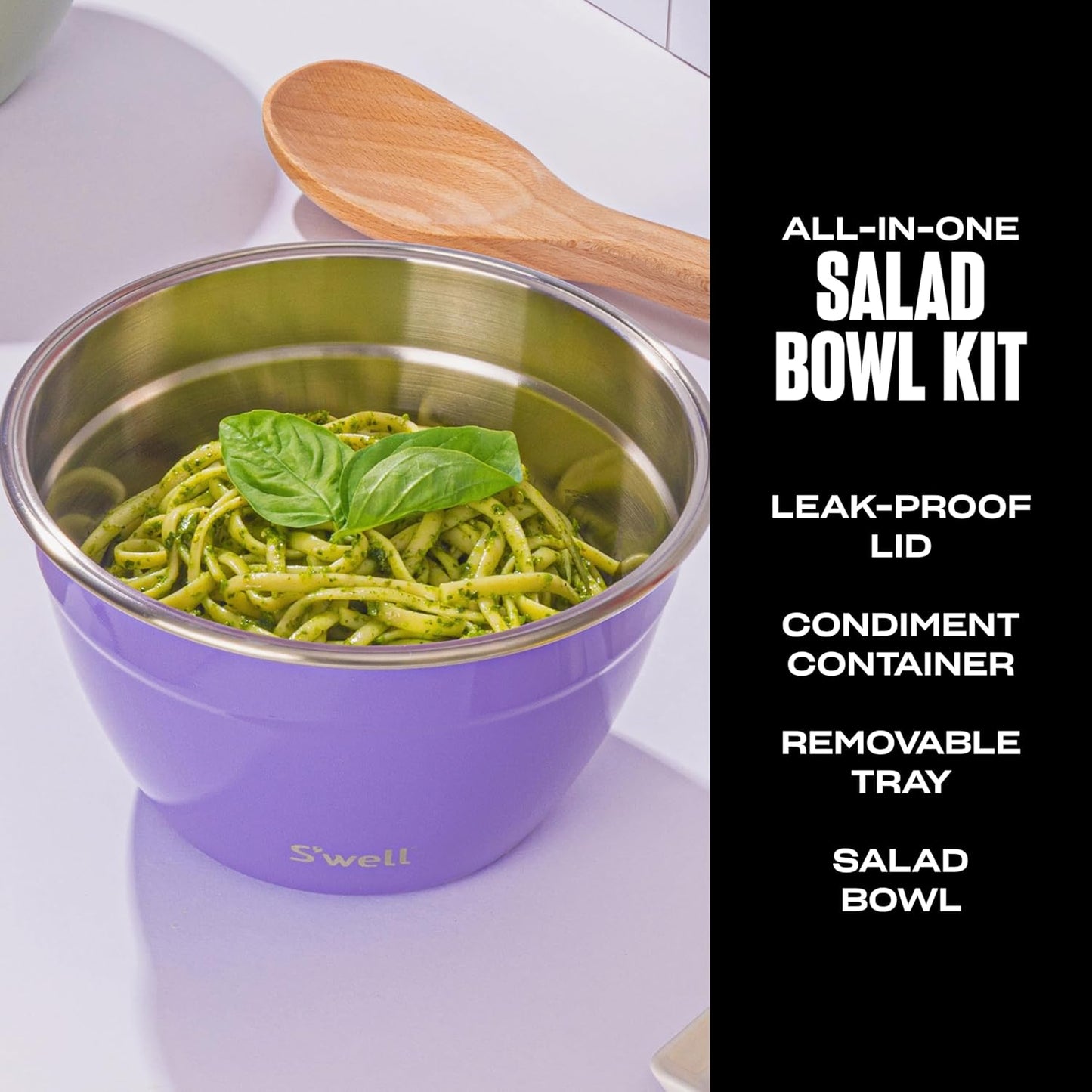 S'well Stainless Steel Salad Bowl Kit 64oz, Hillside Lavender, Comes with 2oz Mini Canister and Removable Tray for Organization, Leakproof, Easy to Clean, Dishwasher Safe