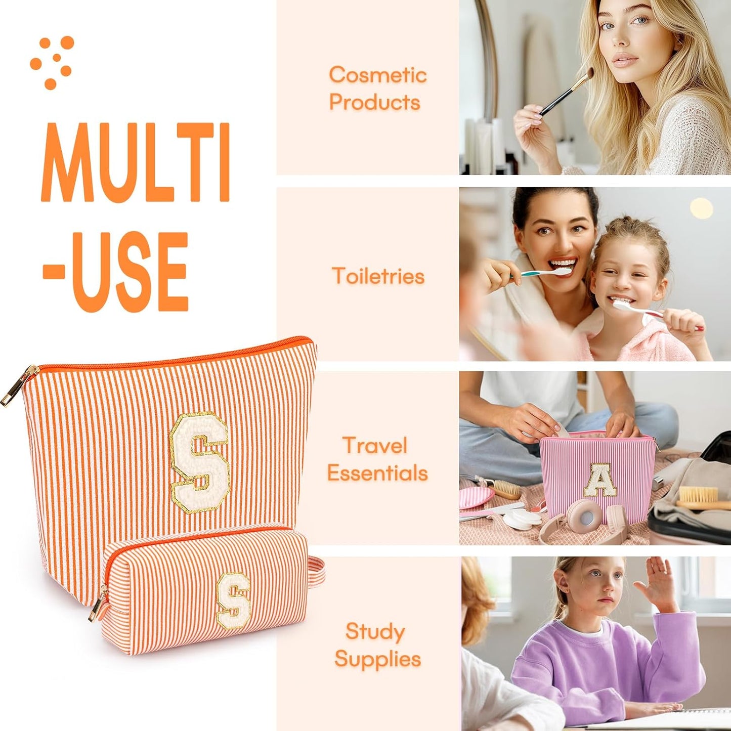 2 PCS Initial Makeup Bags for Women: Cosmetic Bag for Travel Toiletry - Birthday Gifts for 11 12 13 14 15 16 17 18 Years Old Girl Graduation Teacher Gift- Teen Girl Gifts Trendy Stuff - Orange S