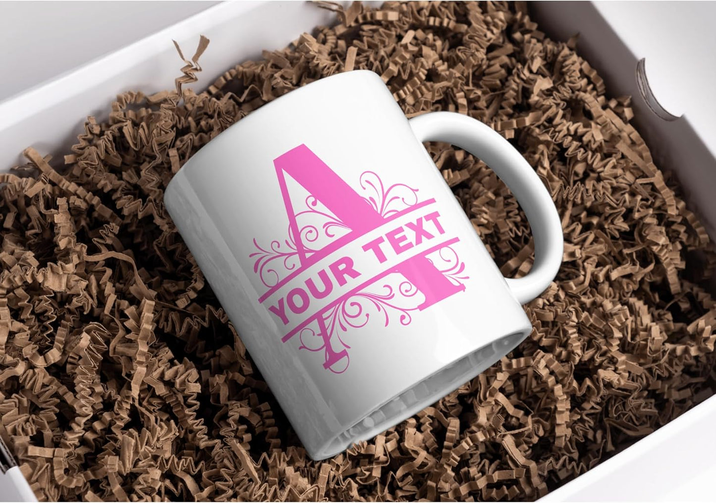 Customizable 11oz Coffee Mug - Sublimated Printed Mugs with Personalized Text, Names, and Initials. Perfect as Gifts for Men and Women for Birthdays (White Mug) (Monogram Pink)