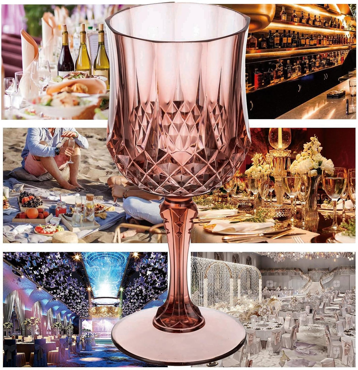 7OZ Plastic Wine Glasses, 24Pcs Rose Red Reusable Drinking Cups Vintage Champagne Flutes, Plastic Crystal Water Goblets for Parties Stemmed Shatterproof Drinking Glasses for Wedding, Toasting Party