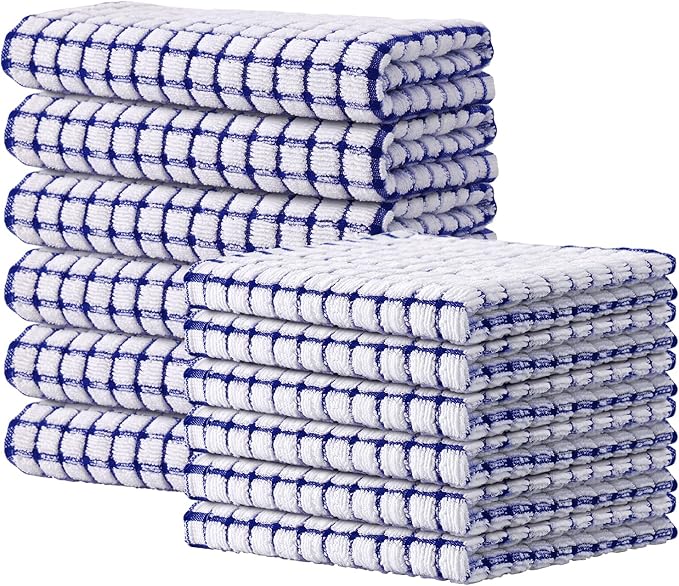 Kitinjoy Cotton 12 Pack Kitchen Towels and Dishcloths Sets, 16 x 25 Inch & 12 X 12 Inch Dish Towels Bulk, Super Soft and Absorbent Hand Towels for Kitchen Drying, Blue