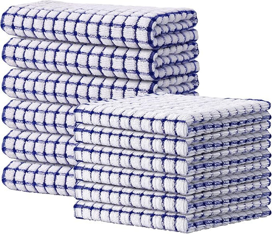 Kitinjoy Cotton 12 Pack Kitchen Towels and Dishcloths Sets, 16 x 25 Inch & 12 X 12 Inch Dish Towels Bulk, Super Soft and Absorbent Hand Towels for Kitchen Drying, Blue