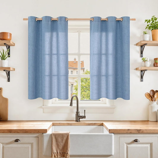 YoungsTex Denim Blue Linen Curtains 40 Inches Long for Kitchen, Semi Sheer Short Window Drapes with Bronze Grommet Privacy Light Filtering for Bedroom Bathroom Cafe, 42 x 40 Inch, 2 Panels
