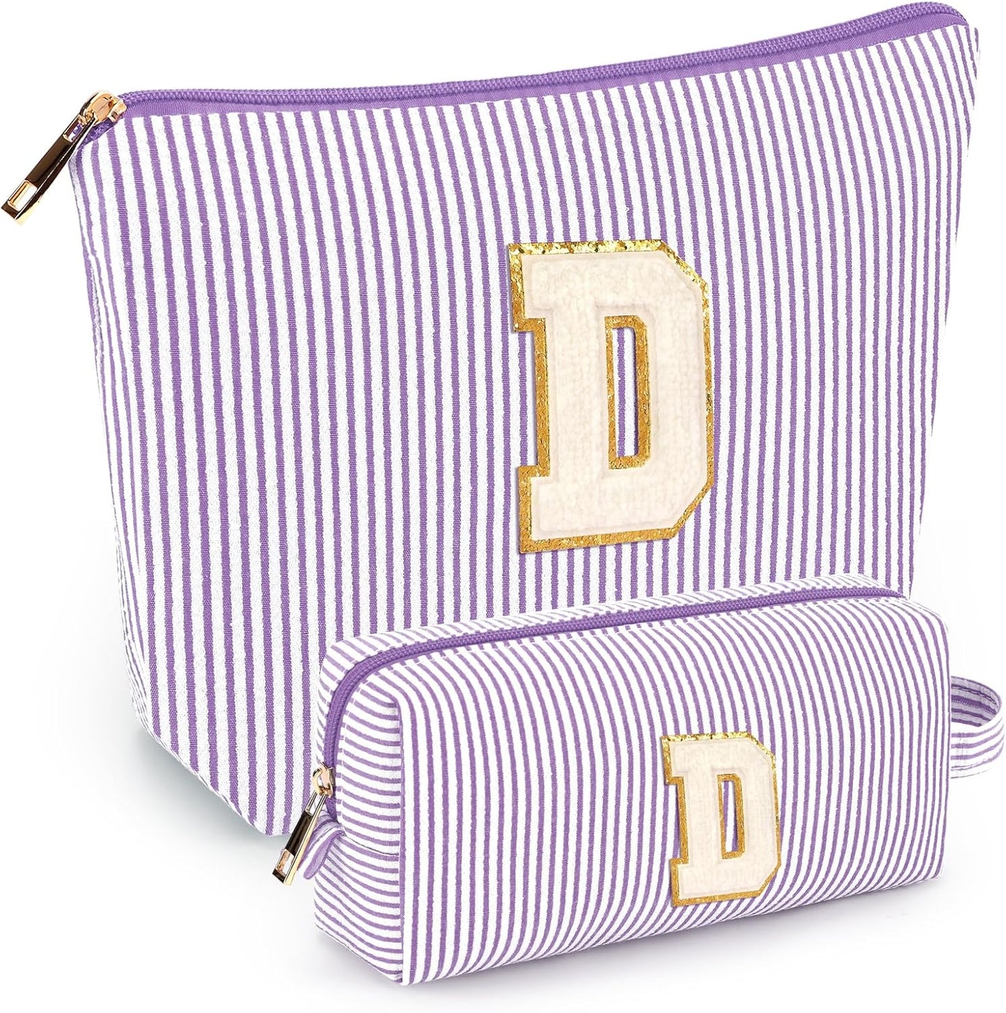 2 PCS Initial Makeup Bags for Women: Cosmetic Bag for Travel Toiletry - Birthday Gifts for 11 12 13 14 15 16 17 18 Years Old Girl Graduation Teacher Gift- Teen Girl Gifts Trendy Stuff - Purple D