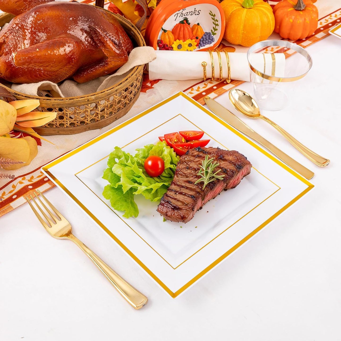 Festiva 350Pcs Gold Plastic Plates - Disposable Square Gold Plates Dinnerware set include 9.5"/6" Plates,Cups,Plastic Cutlery,Hand Napkins Perfect for 50 guests Party&Wedding&Thanksgiving&Christmas