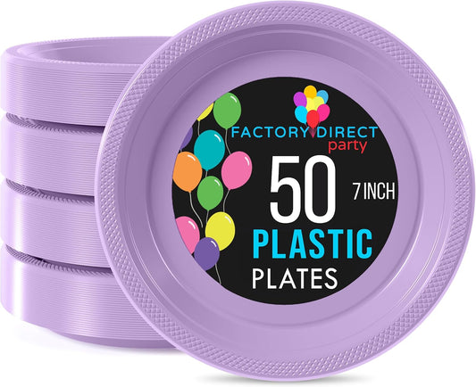 Exquisite Party Solids Lavender Plastic Plates For Party Supplies 7" Lavender Disposable Plates Heavy Duty 50 Pcs Plastic Dinnerware Sets Heavy Duty 350 GSM Disposable Dinnerware Set
