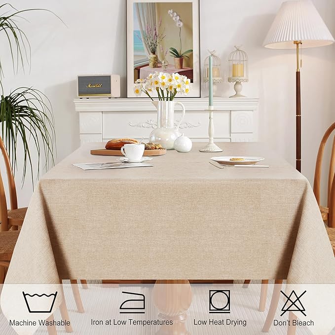 JIUZHEN Rectangle Table Cloth Faux Linen Farmhouse Tablecloth Wrinkle and Stain Resistant Decorative Fabric Table Cover for Kitchen, Dining Room, Parties and Camping, Beige, 52 x 70 Inch