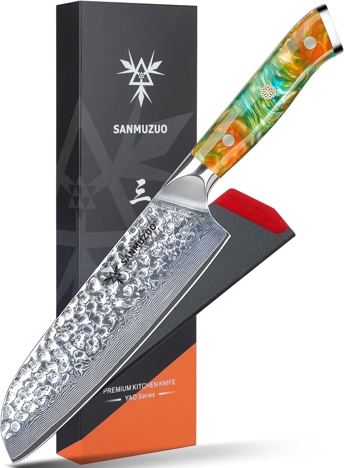 7" Santoku Knife - Japanese Chef Knife - Hammered Damascus Steel & Resin Handle - YAO Series