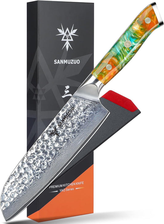 7" Santoku Knife - Japanese Chef Knife - Hammered Damascus Steel & Resin Handle - YAO Series