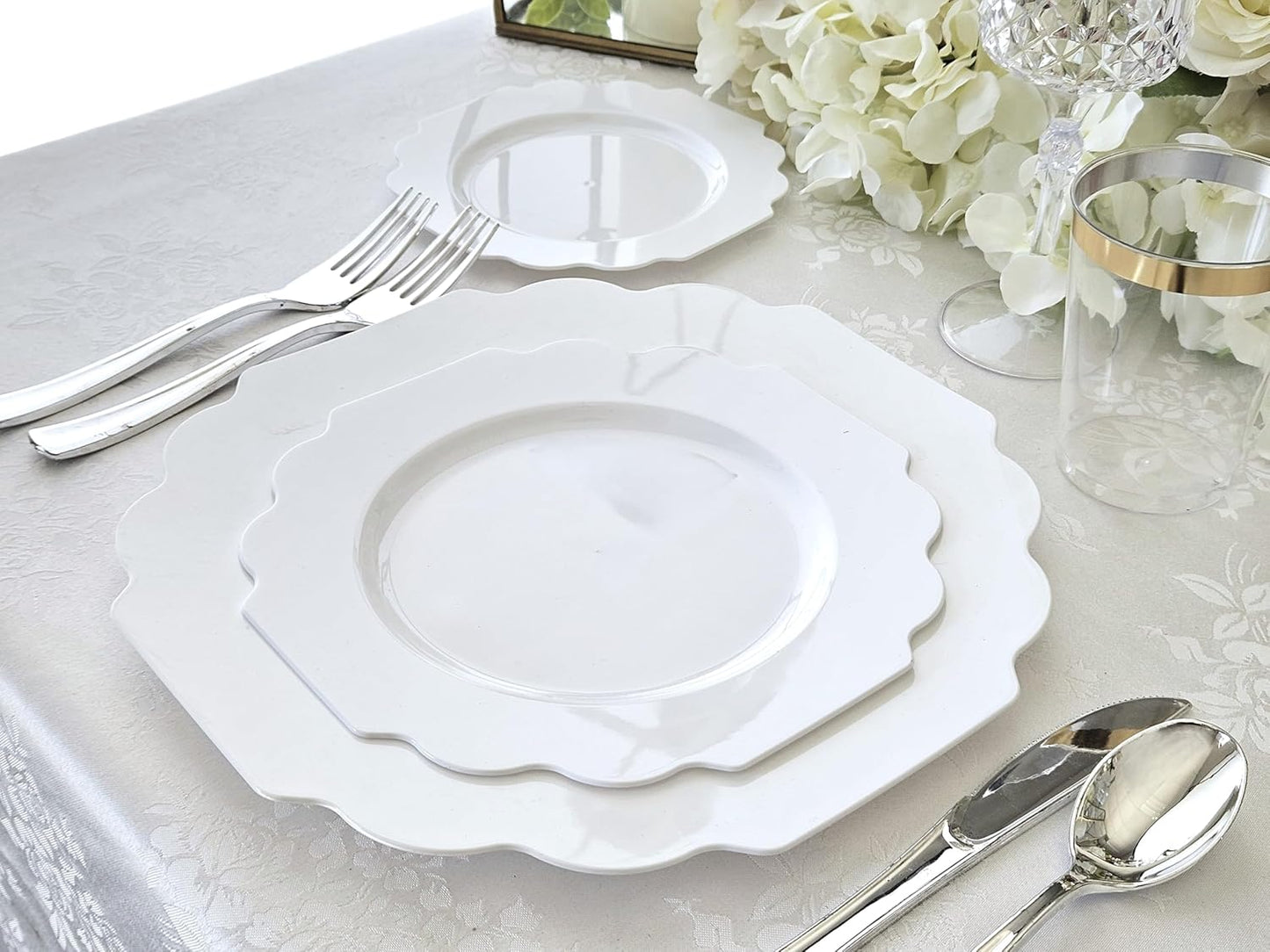" OCCASIONS " 120 Plates Pack,(60 Guests) Heavyweight Wedding Party Disposable Plastic Plates Set -60 x 10.5'' Dinner + 60 x 8'' Salad/Dessert Plate (Imperial White)