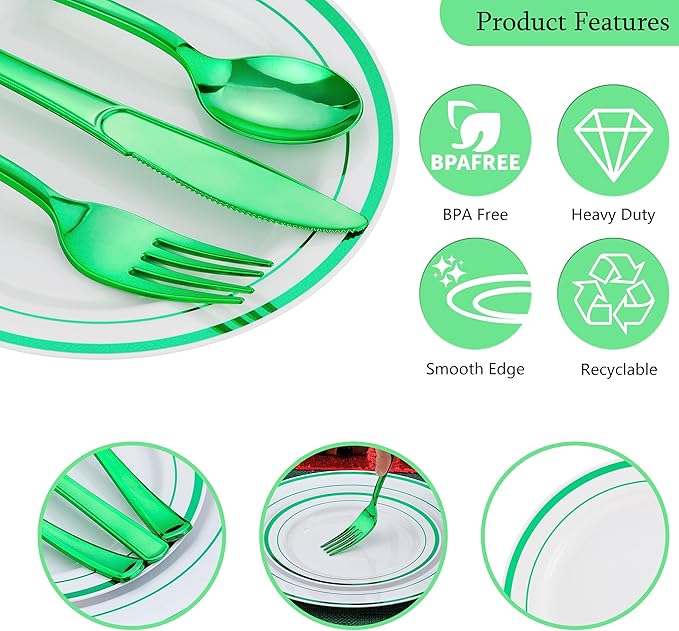 300 PCS Green Plastic Dinnerware Set for 50 Guests,Green Rimmed Heavy Duty Plastic Disposable Plates for Party Wedding-50 Dinner Plates,50 Dessert Plates,50 Silverware Set,50 Cups
