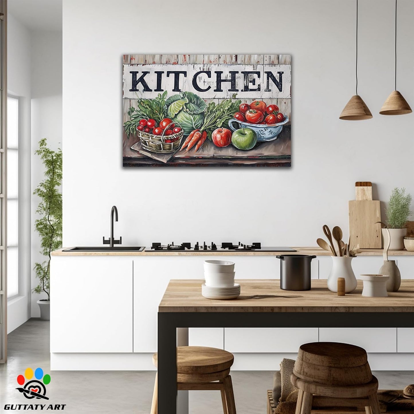 GUTTATY Kitchen Pictures Wall Decor, Farmhouse Wall Art Decor Colorful Fruit And Vegetable Painting for Dinning Room Restaurant Decor, Mother's Day Gift for Grandma Mom Hanging Artwork 32×48 Inch