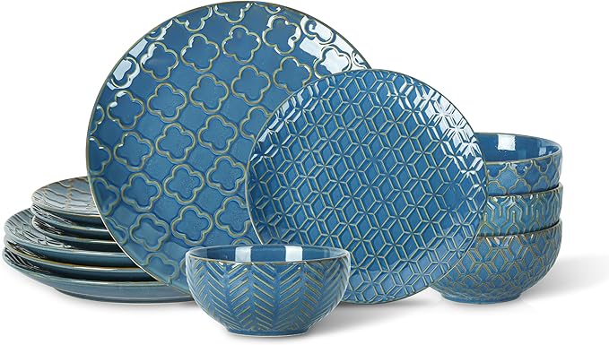 Sureasy 12-Piece Ceramic Dinnerware Set for 4 - Embossed Plates and Bowls Sets, Scratch Resistant Dish Set, Microwave, Oven & Dishwasher Safe, Blue