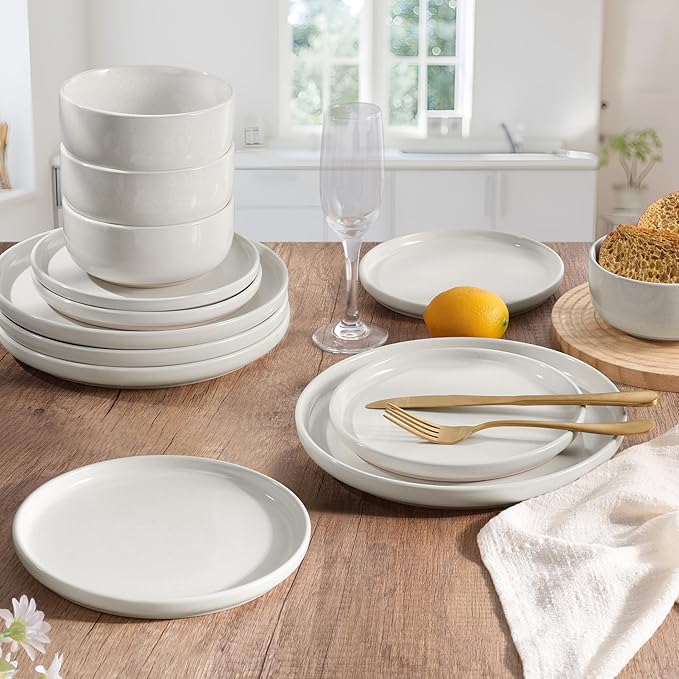 HaWare Stoneware Dinnerware Sets, 12-Piece Plates and Bowls Set for 4, Dishes Set for Home Restaurant, Speckled Milky White