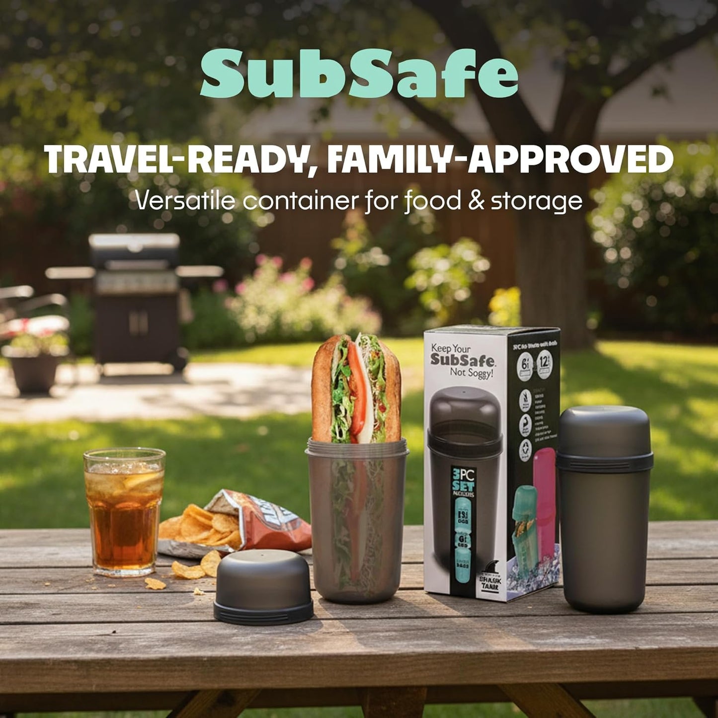 SubSafe 3-Piece Sub Sandwich Container, Charcoal Grey - As Seen on Shark Tank - Waterproof, Crushproof, BPA-Free Food Storage that Floats - Fits 6 & 12 in Subs - Great for Travel, Beach, Camping