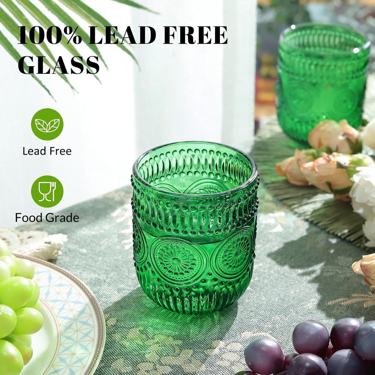 Joeyan Vintage Green Drinking Glasses Set of 4,9 oz Embossed Sunflower Small Water Glass Tumbler Cups,Colored Romantic Beaded Glassware for Beverages Cocktail Juice Wine,Dishwasher Safe