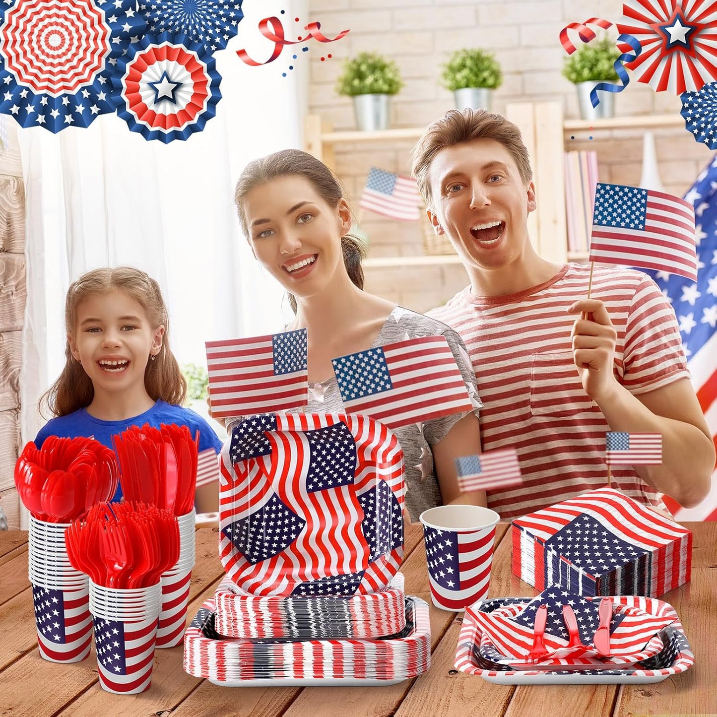 350 Pcs Paper Plates and Napkins Set Disposable Dinnerware Party Supplies Tableware Serve 50 Guest Cups Knife Forks Spoon(Blue,Red,Patriotic)