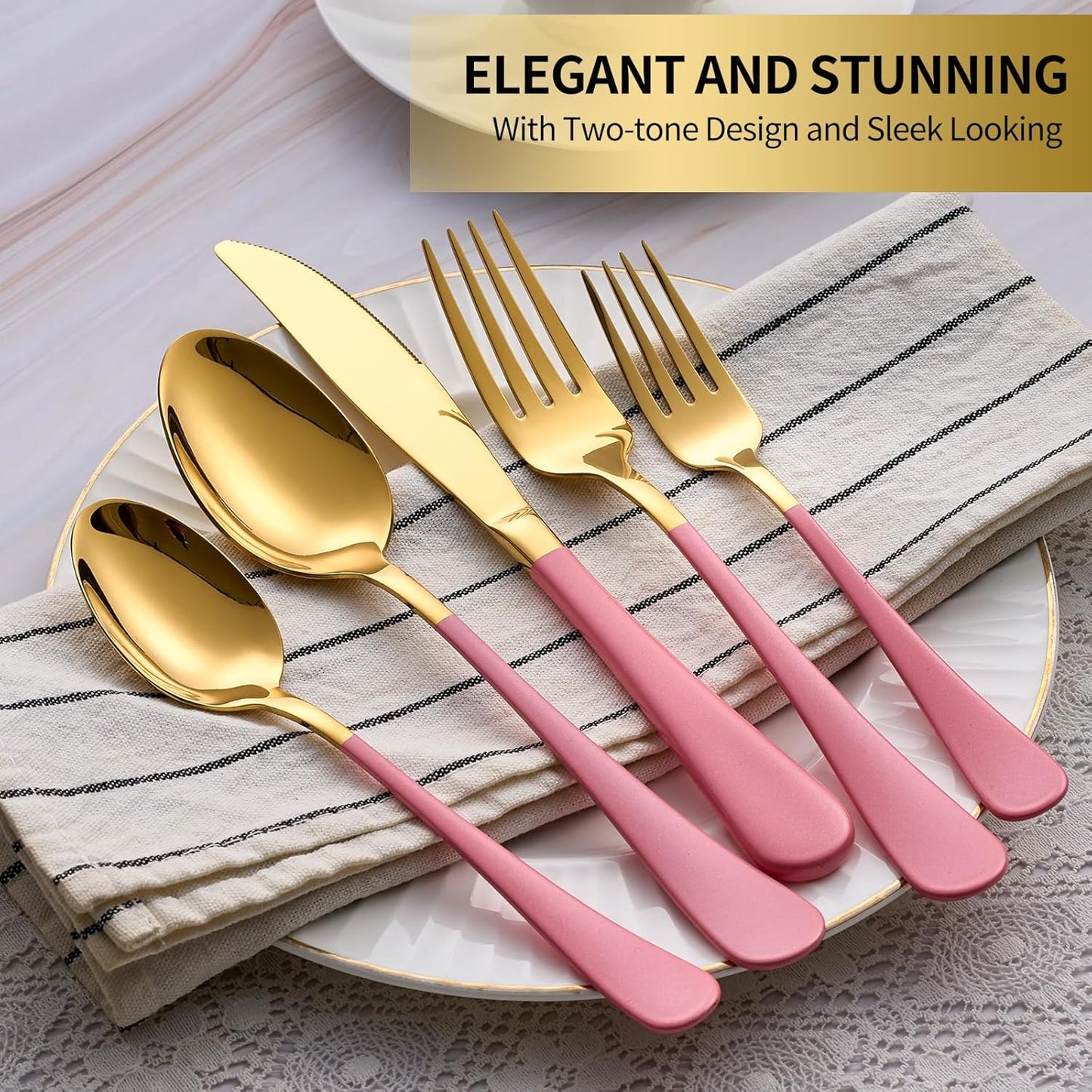 20-Piece Gold Silverware Set, 18/0 Stainless Steel Pink Handle Flatware Set, Service for 4, Modern Cutlery Set Includes Dinner Knives Forks Spoons, Mirror Polished, Dishwasher Safe