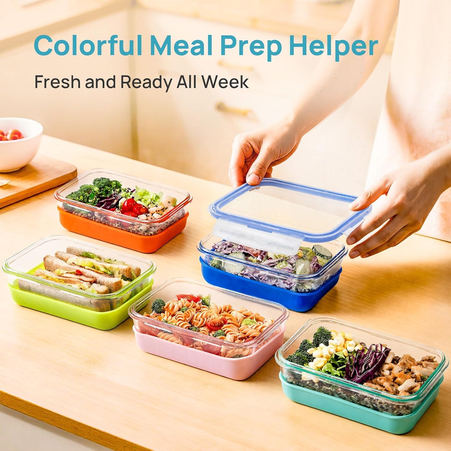 Vtopmart 5 Pack 28oz Glass Food Storage Containers Set with Silicone Sleeve，Glass Meal Prep Containers, Lunch containers with Airtight BPA-Free Plastic Lids, Dishwasher, Microwave, and Freezer Safe