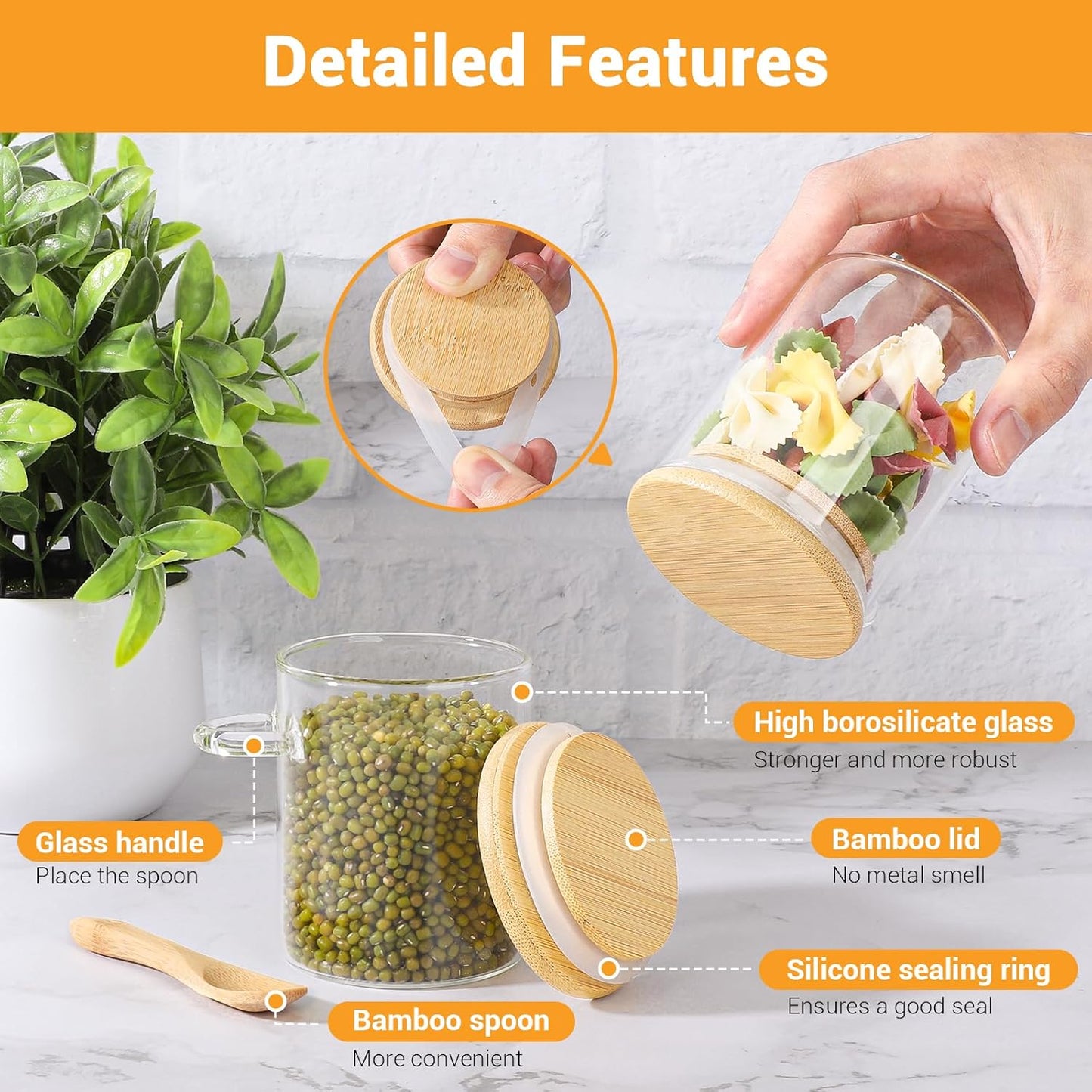 Glass Jar with Bamboo Lids and Spoons - 2 Pack 6 Fl.oz Airtight Round Glass Pantry Containers Set, Includes Labels and Marker, Food Storage Canisters for kitchen for Spice, Coffee, Sugar, Tea