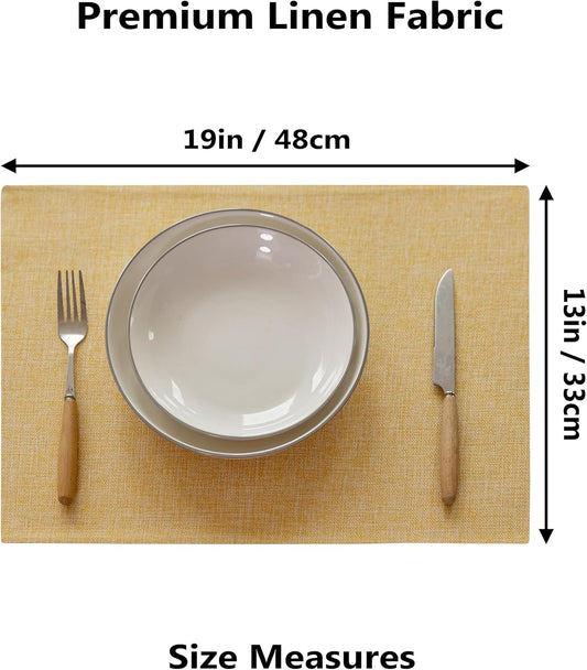 Demetex Placemats Set of 6 Yellow Table Mats Linen Fabric Placemats Heat Resistant Cloth Place Mats for Dining Kitchen Table, Yellow