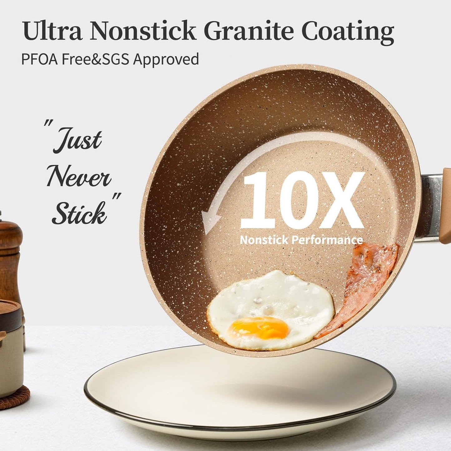 Innwewell Non Stick Frying Pan - Granite Stone Non Stick Skillet Frying Pans, Safe&No Toxic Egg Omelette Frying Pan, Small Nonstick Cookware Cooking Pan, Induction Compatible, PFOA Free(8inch, Gold)