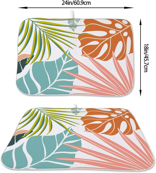 Summer Palm Leaf Dish Drying Mat 18 x 24 inch, Green Coral Tropical Leaf Decorative Drying Mats Microfiber Absorbent Dish Washable Draining Mat for Kitchen Counter Decor