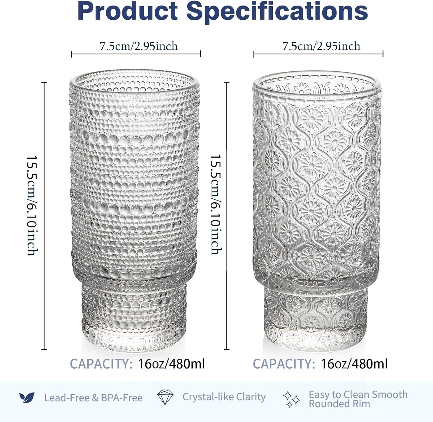 16oz Drinking Glasses Set of 4, 2 Hobnail Glasses & 2 Embossed Water Goblets, Flower Design Stackable Vintage Tumbler Glasses, Old Fashion Beaded Glass Cups for Cocktail, Iced Coffee, Beer