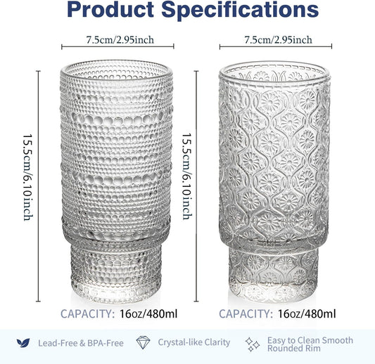 16oz Drinking Glasses Set of 4, 2 Hobnail Glasses & 2 Embossed Water Goblets, Flower Design Stackable Vintage Tumbler Glasses, Old Fashion Beaded Glass Cups for Cocktail, Iced Coffee, Beer