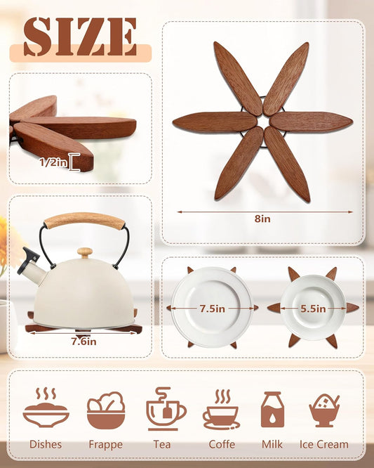 4pcs 8 Inch Walnut Wooden Trivets for Hot Dishes, Hot Pots and Pans, Anti Stain Natural Wood Pot Holders for Kitchen Counter Decor, Wooden Collapsible Tree Coasters with Organizer Dinner Placemats